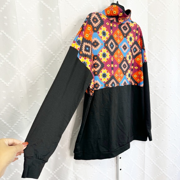 🎲 359. Boho Aztec Print 1/4 Zip Pullover Hoodie Black Multicolor XXL NWOT - Picture 8 of 9